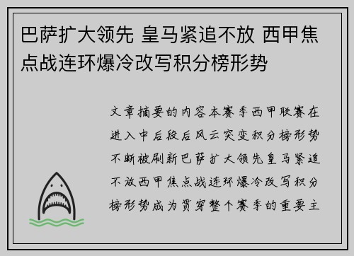 巴萨扩大领先 皇马紧追不放 西甲焦点战连环爆冷改写积分榜形势